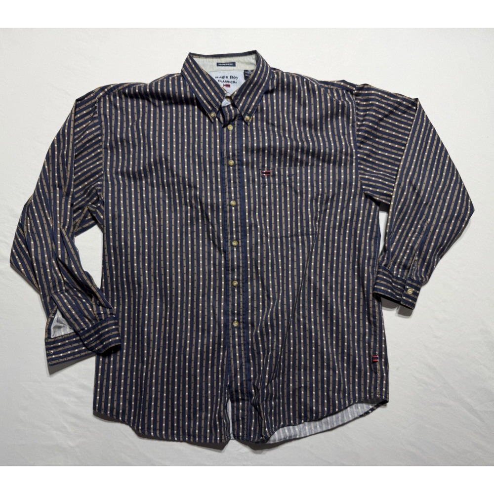 Bugle Boy Classics No Wrinkle Button Down Shirt Blue Tan Striped Mens XL